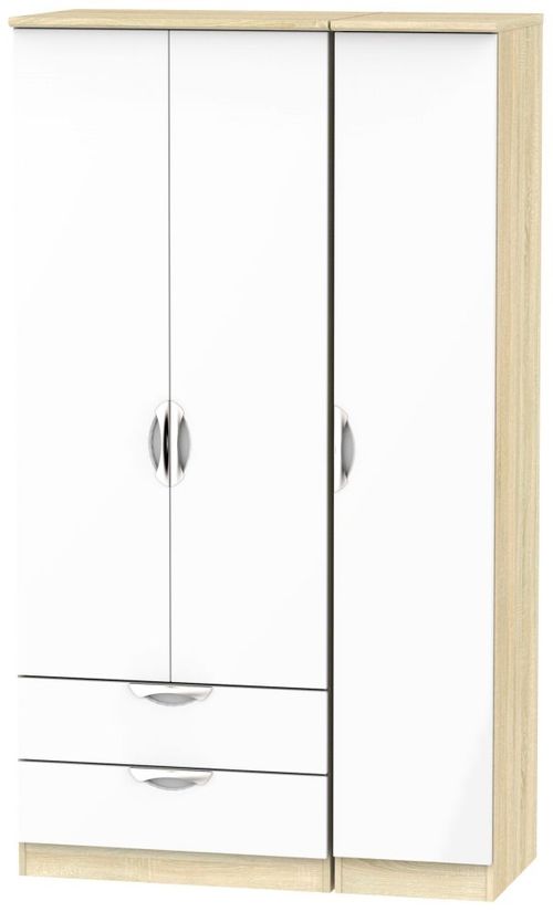 Camden White Gloss and Oak Effect 3 Door Tall Triple Wardrobe - LHF 2 Drawers