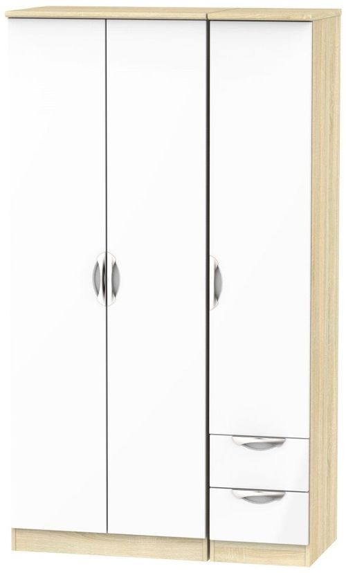 Camden White Gloss and Oak Effect 3 Door Tall Triple Wardrobe - RHF 2 Drawers