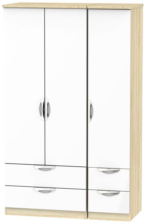 Camden White Gloss and Oak Effect 3 Door Triple Wardrobe - 4 Drawers