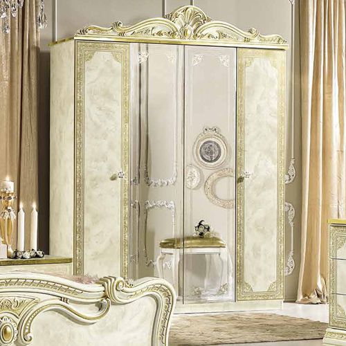 Leonardo Wardrobe - 4 Door - with Mirrors - Ivory Gloss and Gold