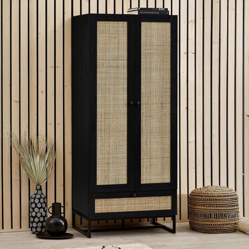 Clearance - Padstow Black and Rattan 2 Door 1 Drawer Double Wardrobe - A323
