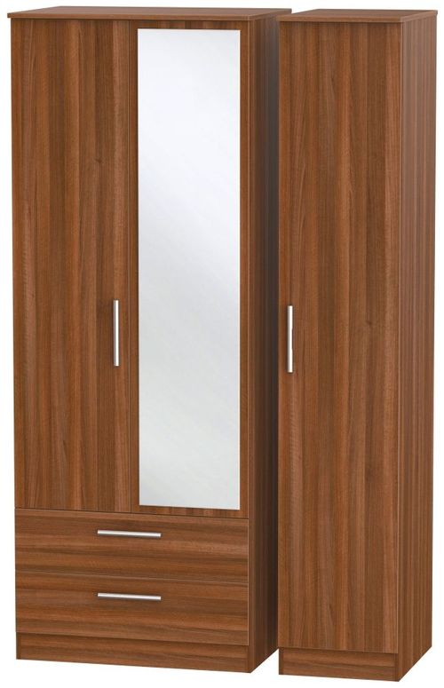 Contrast Noche Walnut 3 Door Tall Combi Wardrobe - 1 Mirror and LHF 2 Drawers