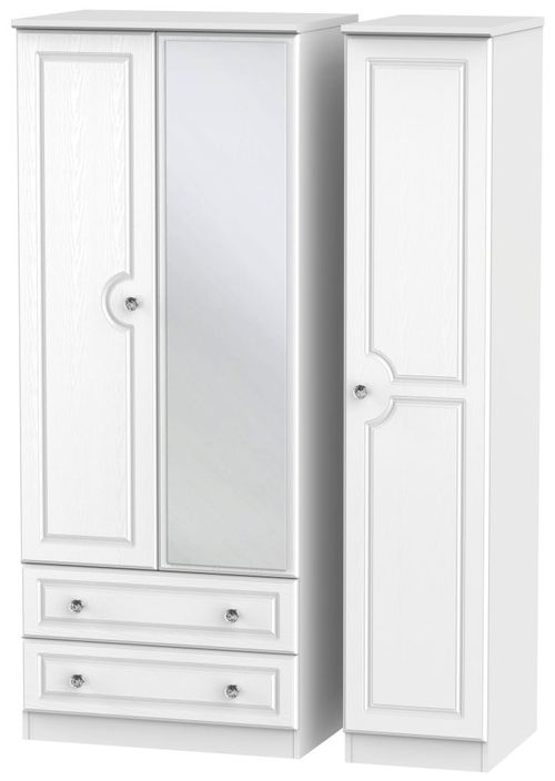 Crystal White 3 Door Combi Wardrobe - 1 Mirror and LHF 2 Drawers