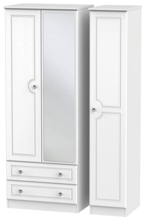 Crystal White 3 Door Tall Combi Wardrobe - 1 Mirror and LHF 2 Drawers