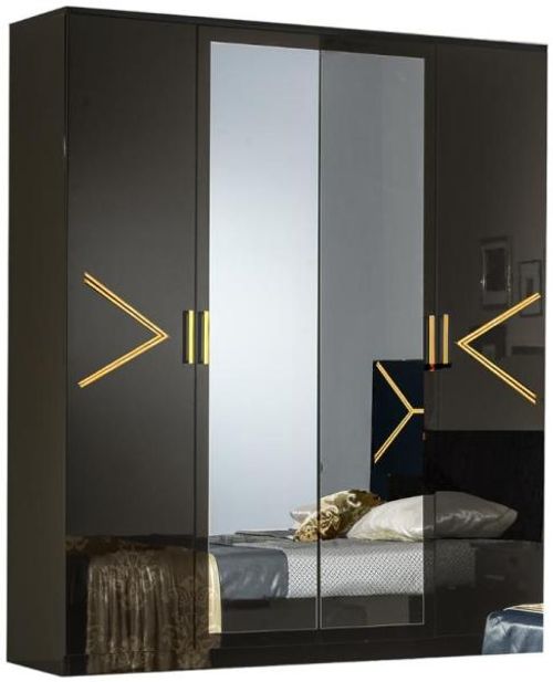 Elegance Black Italian 4 Door Wardrobe with Mirrors