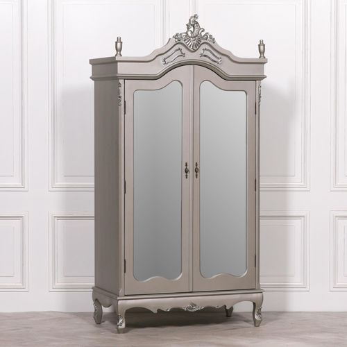 French Style Armoire Wardrobe - Antique Silver - 2 Door Mirror