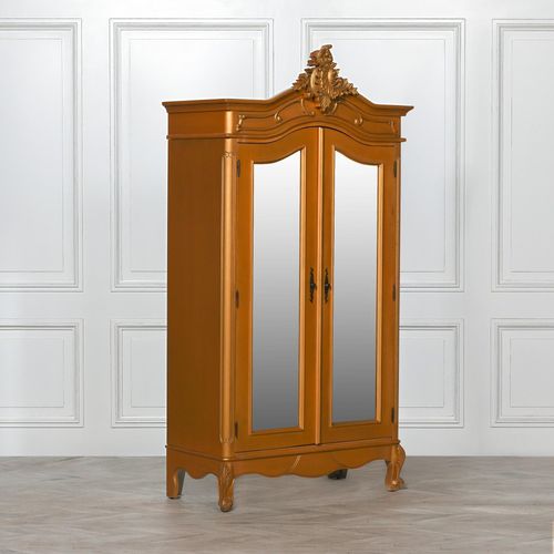 French Style Armoire Wardrobe - Gold Carved - 2 Door Mirror