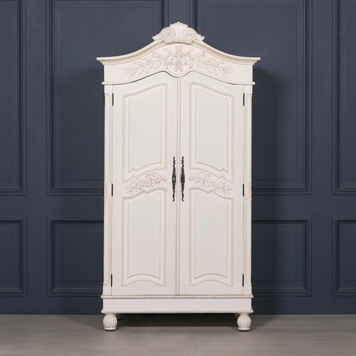 French Style Armoire Wardrobe - Lomira White Carved - 2 Door