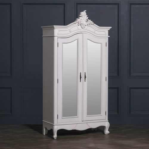 French Style Armoire Wardrobe - Off White Carved - 2 Door Mirror