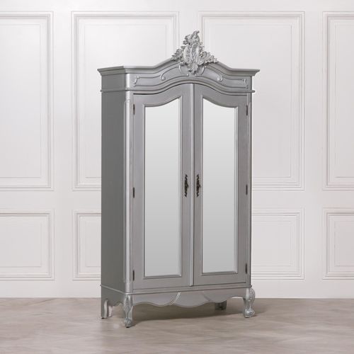 French Style Armoire Wardrobe - Silver Carved - 2 Door Mirror