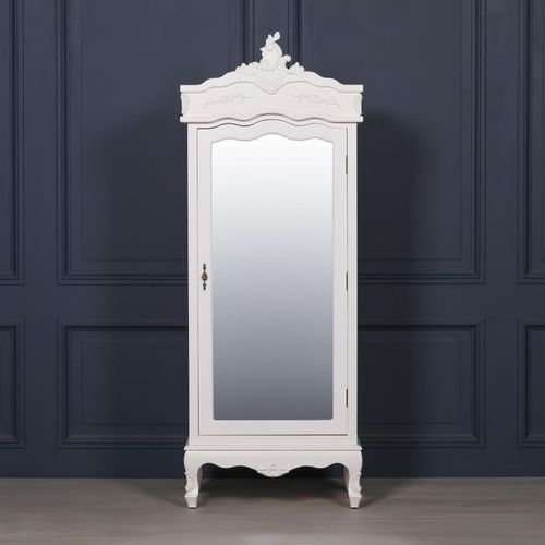 French Style Armoire Wardrobe - White Carved - 1 Door Mirror