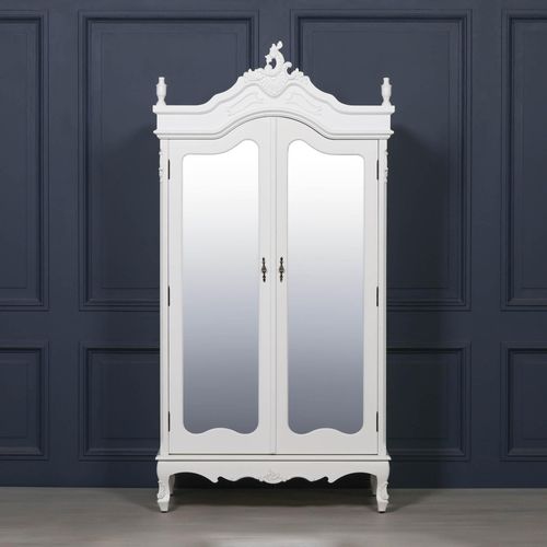 French Style Armoire Wardrobe - White Carved - 2 Door Mirror