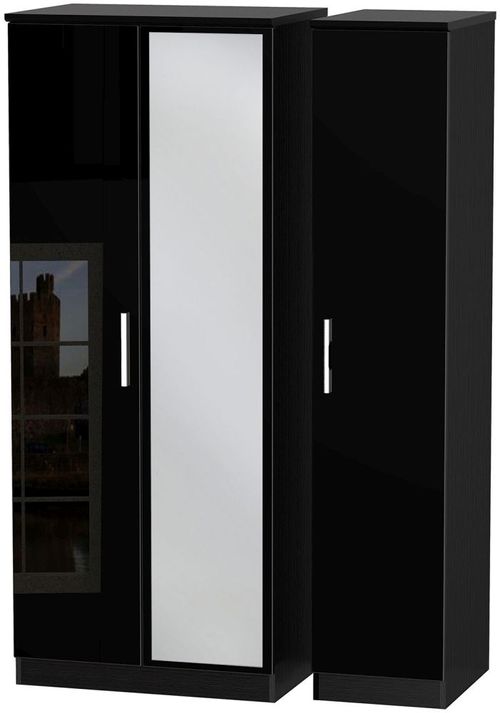 Knightsbridge Black Gloss 3 Door Triple Wardrobe - 1 Mirror