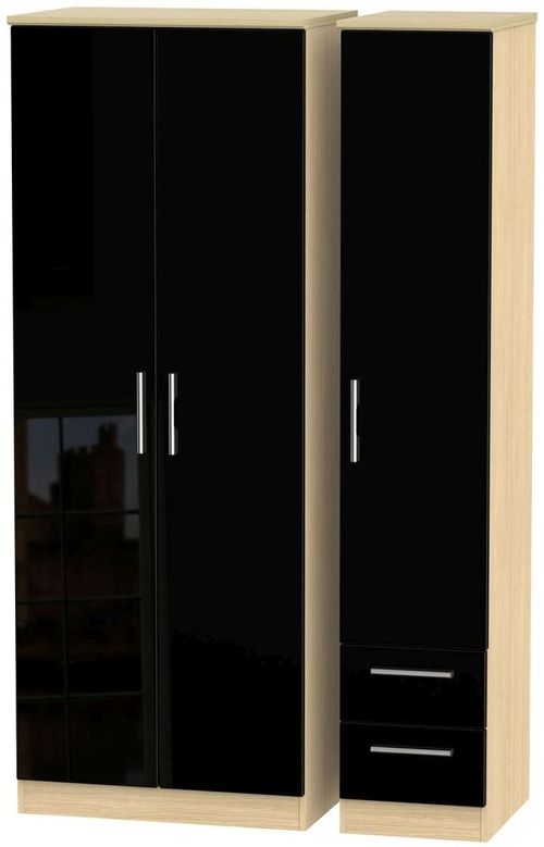 Knightsbridge Black Gloss and Light Oak 3 Door Tall Triple Wardrobe - RHF 2 Drawers