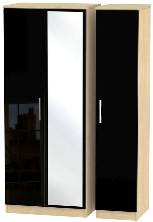 Knightsbridge Black Gloss and Light Oak 3 Door Triple Wardrobe - 1 Mirror