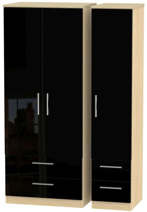 Knightsbridge Black Gloss and Light Oak 3 Door Triple Wardrobe - 4 Drawers