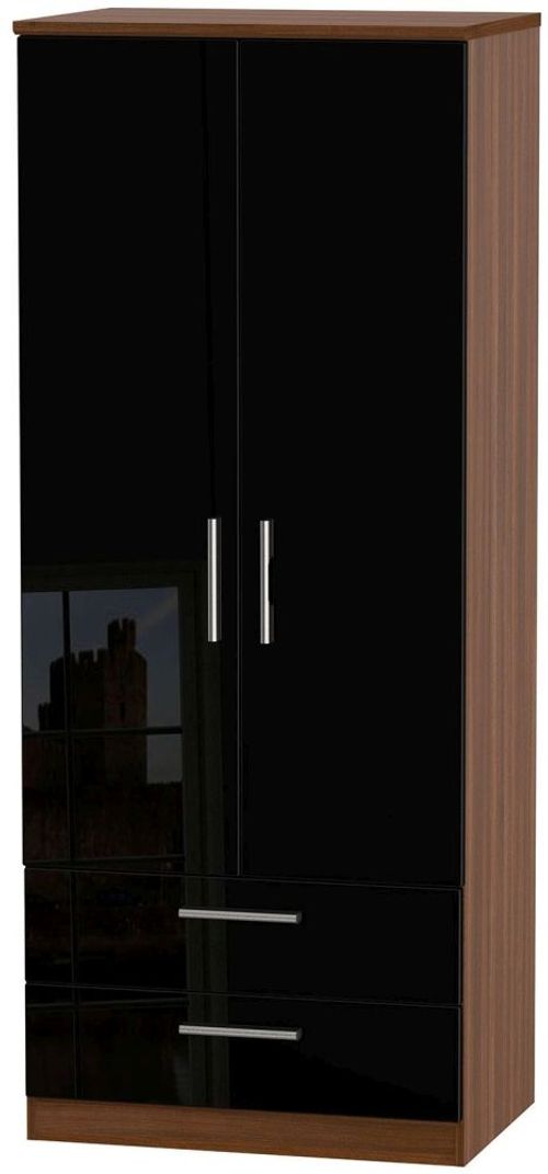 Knightsbridge Black Gloss and Walnut Effect 2 Door 2 Drawer Double Wardrobe