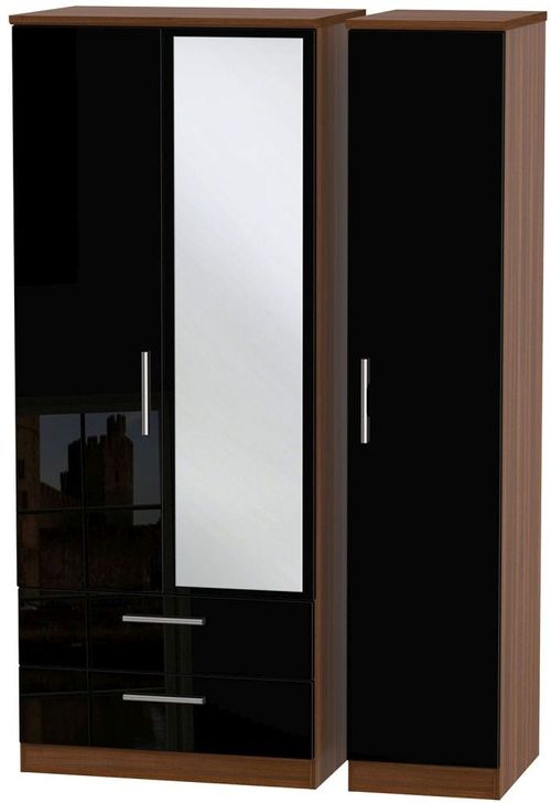 Knightsbridge Black Gloss and Walnut Effect 3 Door Combi Wardrobe - 1 Mirror and LHF 2 Drawers