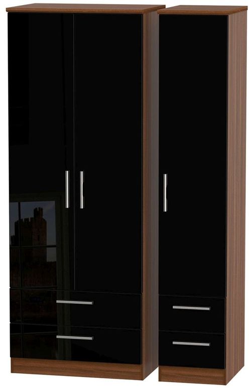 Knightsbridge Black Gloss and Walnut Effect 3 Door Tall Triple Wardrobe - 4 Drawers
