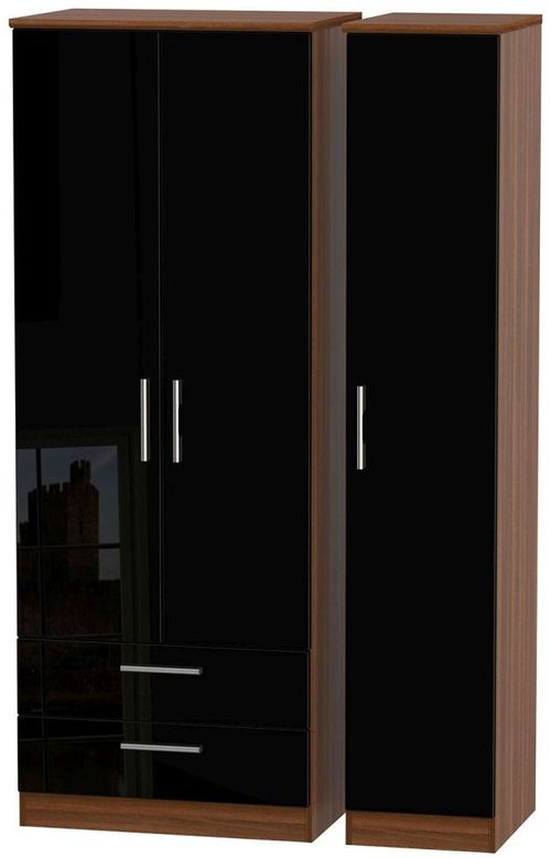 Knightsbridge Black Gloss and Walnut Effect 3 Door Tall Triple Wardrobe - LHF 2 Drawers