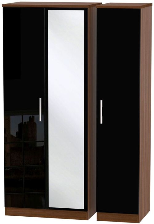 Knightsbridge Black Gloss and Walnut Effect 3 Door Triple Wardrobe - 1 Mirror