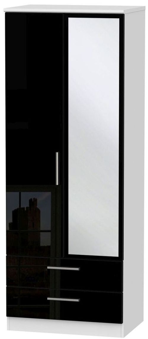 Knightsbridge Black Gloss and White 2 Door Tall Combi Wardrobe - 1 Mirror