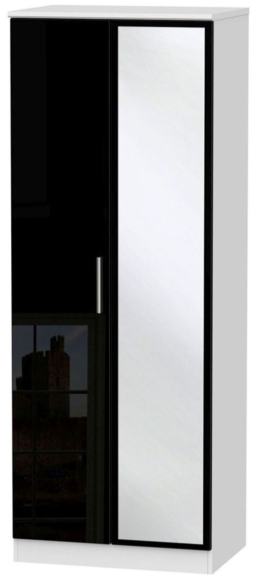 Knightsbridge Black Gloss and White 2 Door Tall Wardrobe - 1 Mirror
