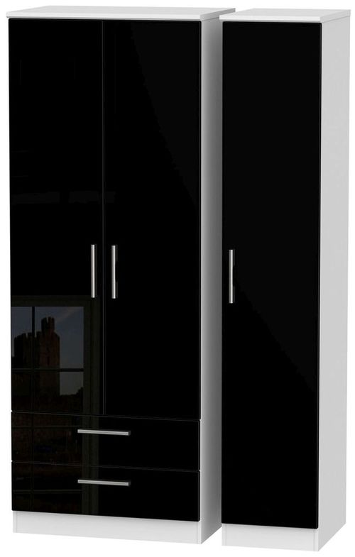 Knightsbridge Black Gloss and White 3 Door Tall Triple Wardrobe - LHF 2 Drawers