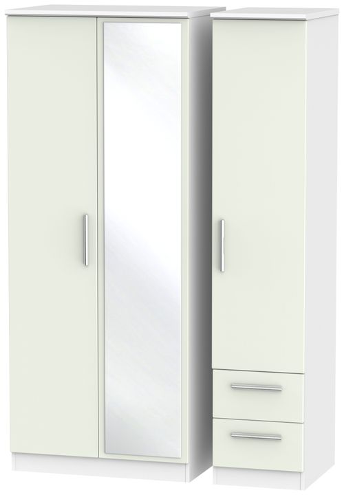 Knightsbridge Cashmere Matt and White 3 Door Combi Wardrobe - 1 Mirror and RHF 2 Drawers