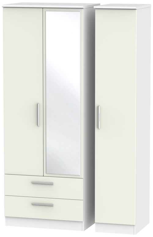 Knightsbridge Cashmere Matt and White 3 Door Tall Combi Wardrobe - 1 Mirror and LHF 2 Drawers