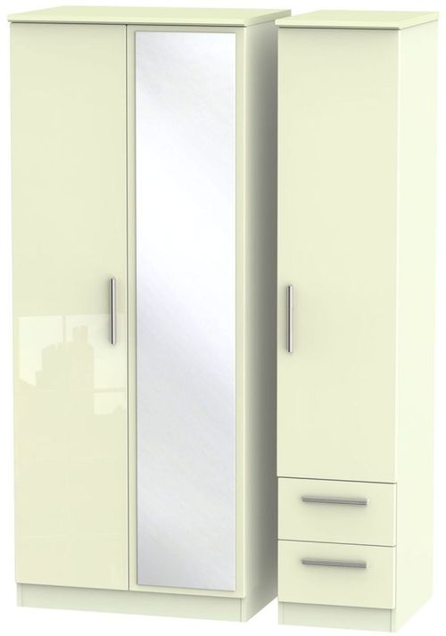 Knightsbridge Wardrobe - 3 Door - 1 Mirror - RHF 2 Drawers - Combi - Cream Gloss