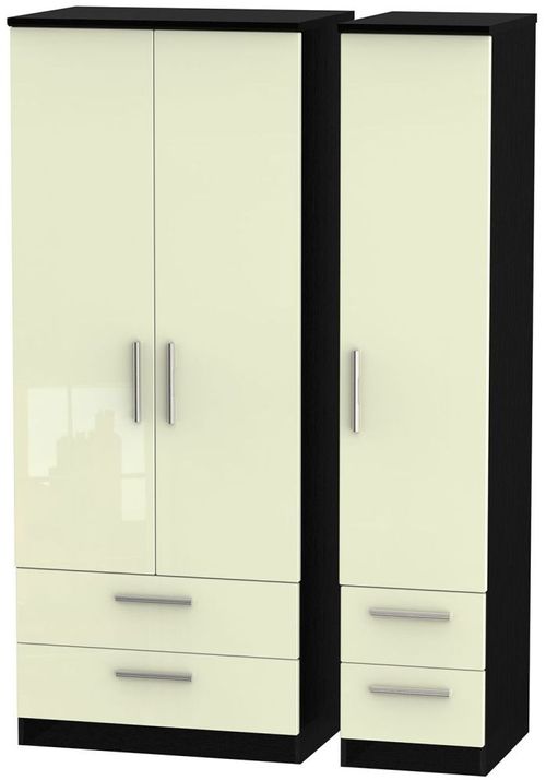 Knightsbridge Cream Gloss and Black 3 Door Triple Wardrobe - 4 Drawers