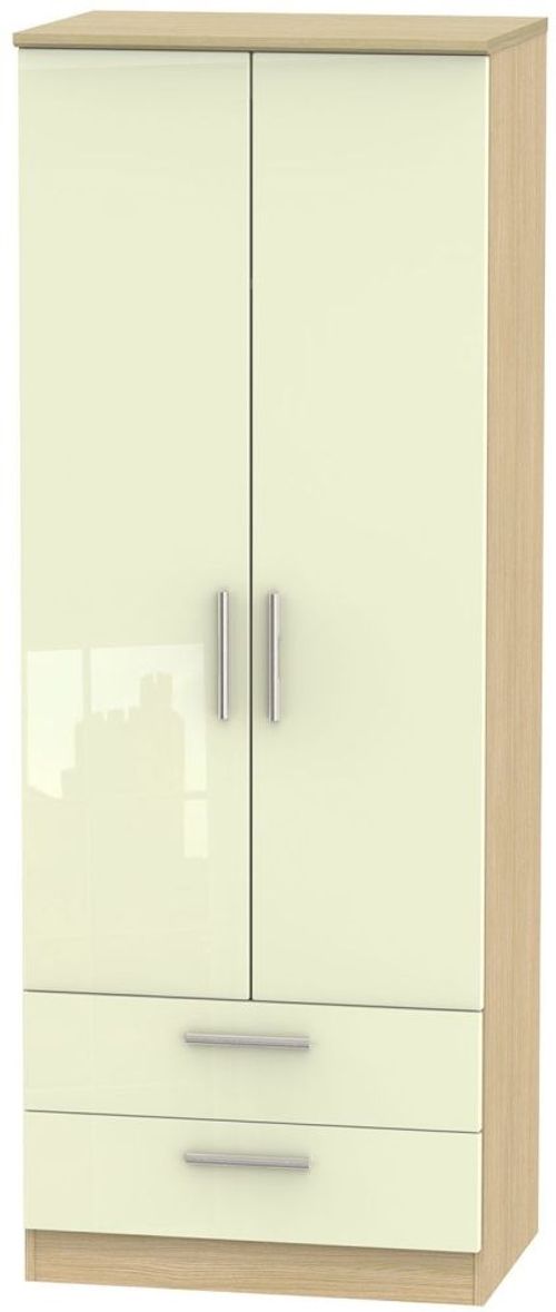 Knightsbridge Cream Gloss and Light Oak 2 Door 2 Drawer Tall Wardrobe