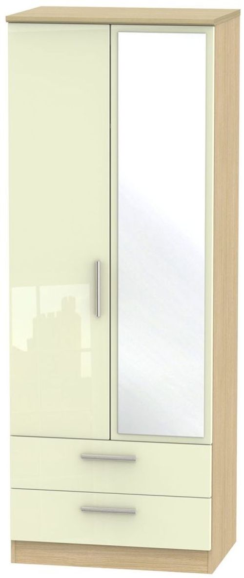 Knightsbridge Cream Gloss and Light Oak 2 Door Tall Combi Wardrobe - 1 Mirror