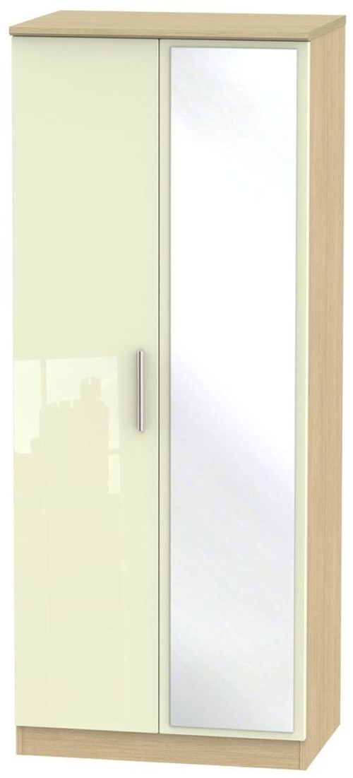 Knightsbridge Cream Gloss and Light Oak 2 Door Wardrobe - 1 Mirror