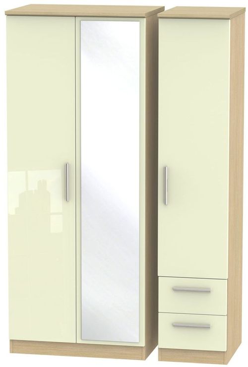 Knightsbridge Cream Gloss and Light Oak 3 Door Combi Wardrobe - 1 Mirror and RHF 2 Drawers