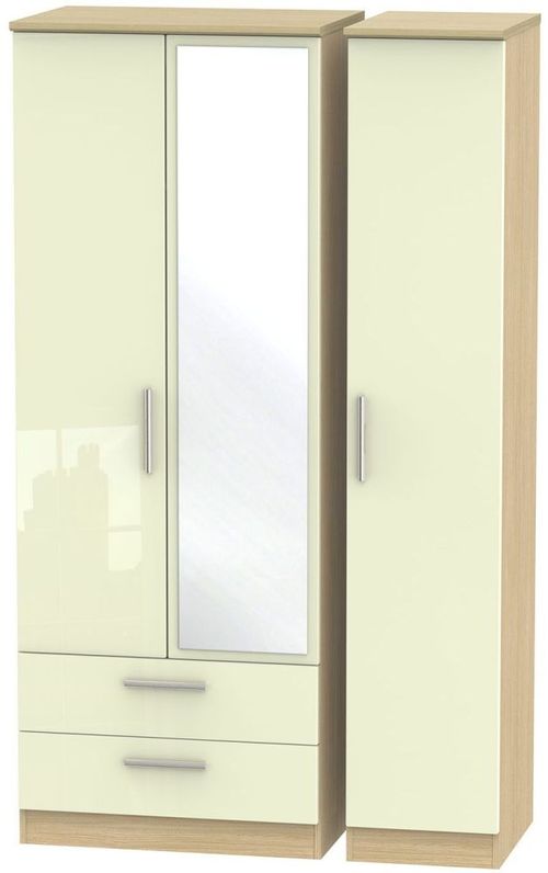 Knightsbridge Cream Gloss and Light Oak 3 Door Tall Combi Wardrobe - 1 Mirror and LHF 2 Drawers