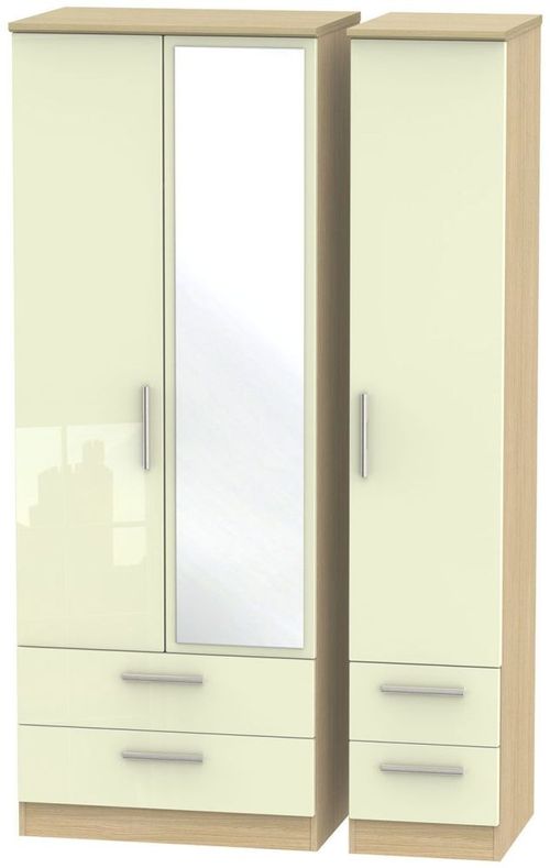 Knightsbridge Cream Gloss and Light Oak 3 Door Tall Combi Wardrobe - 1 Mirror