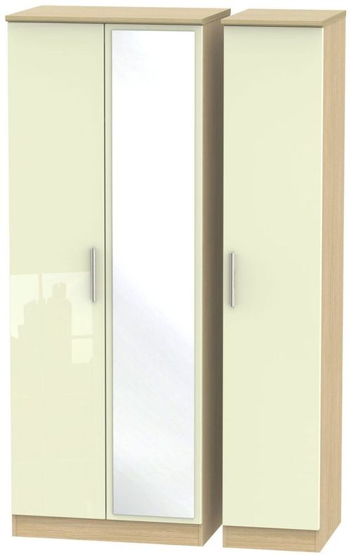 Knightsbridge Cream Gloss and Light Oak 3 Door Tall Triple Wardrobe - 1 Mirror