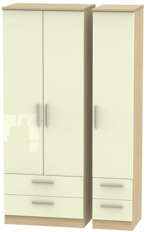 Knightsbridge Cream Gloss and Light Oak 3 Door Tall Triple Wardrobe - 4 Drawers