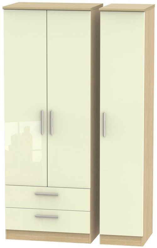 Knightsbridge Cream Gloss and Light Oak 3 Door Tall Triple Wardrobe - LHF 2 Drawers