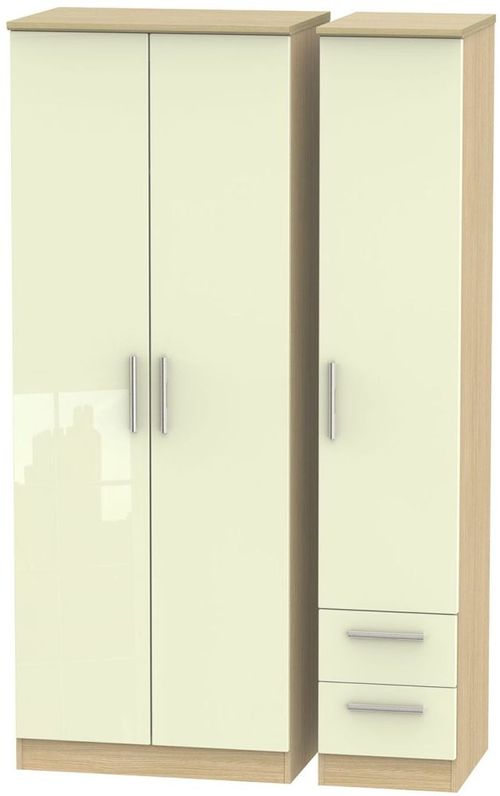 Knightsbridge Cream Gloss and Light Oak 3 Door Tall Triple Wardrobe - RHF 2 Drawers