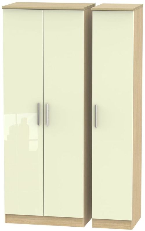 Knightsbridge Cream Gloss and Light Oak 3 Door Tall Triple Wardrobe