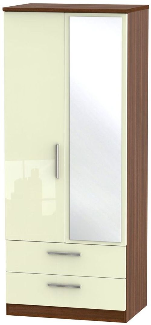 Knightsbridge Cream Gloss and Walnut Effect 2 Door Combi Wardrobe - 1 Mirror