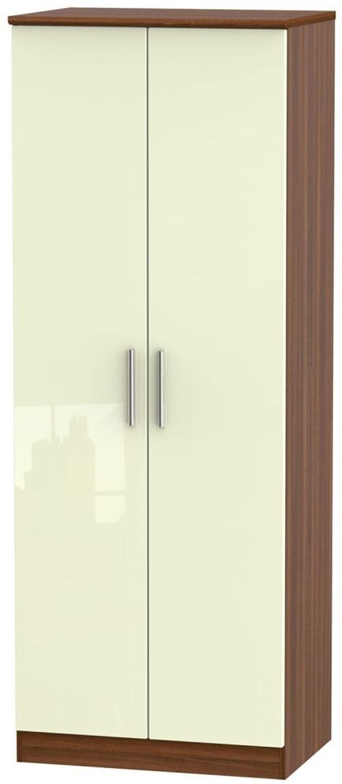 Knightsbridge Cream Gloss and Walnut Effect 2 Door Plain Tall Wardrobe