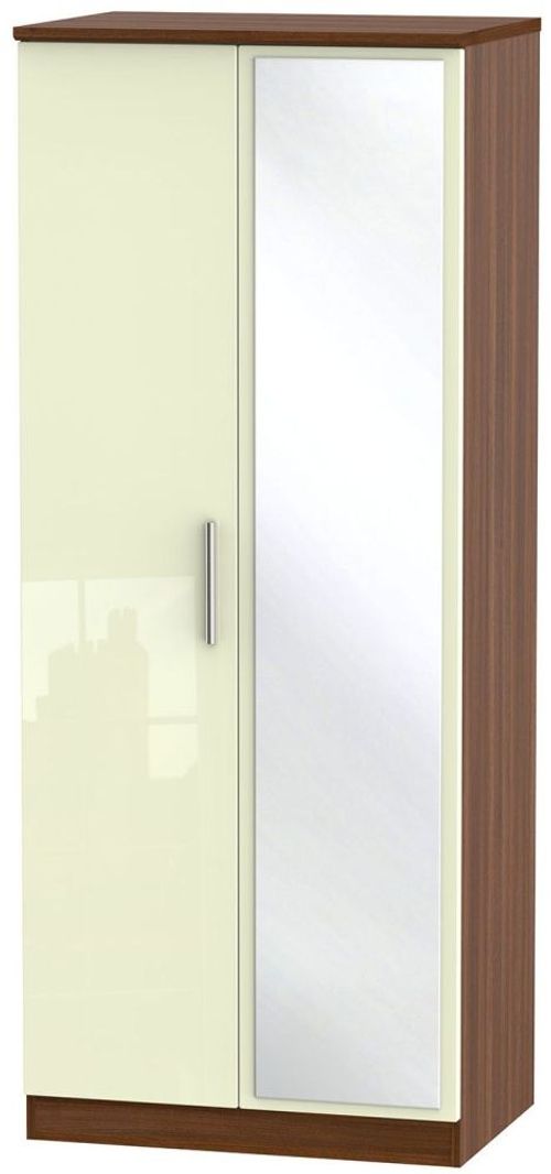 Knightsbridge Cream Gloss and Walnut Effect 2 Door Wardrobe - 1 Mirror