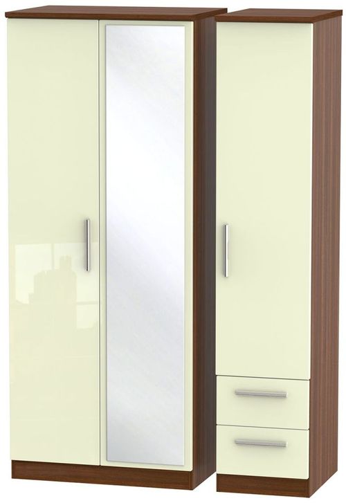 Knightsbridge Cream Gloss and Walnut Effect 3 Door Combi Wardrobe - 1 Mirror and RHF 2 Drawers