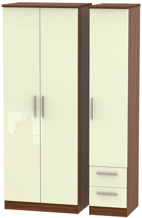 Knightsbridge Cream Gloss and Walnut Effect 3 Door Tall Triple Wardrobe - RHF 2 Drawers