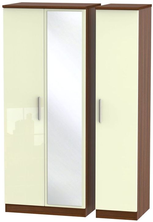 Knightsbridge Cream Gloss and Walnut Effect 3 Door Triple Wardrobe - 1 Mirror