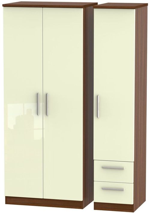 Knightsbridge Cream Gloss and Walnut Effect 3 Door Triple Wardrobe - RHF 2 Drawers